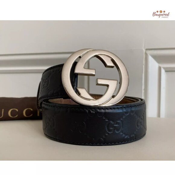 Authentic Gucci Black Guccissima Leather Silver Interlocking G Buckle Belt 85/32 - Picture 12 of 13